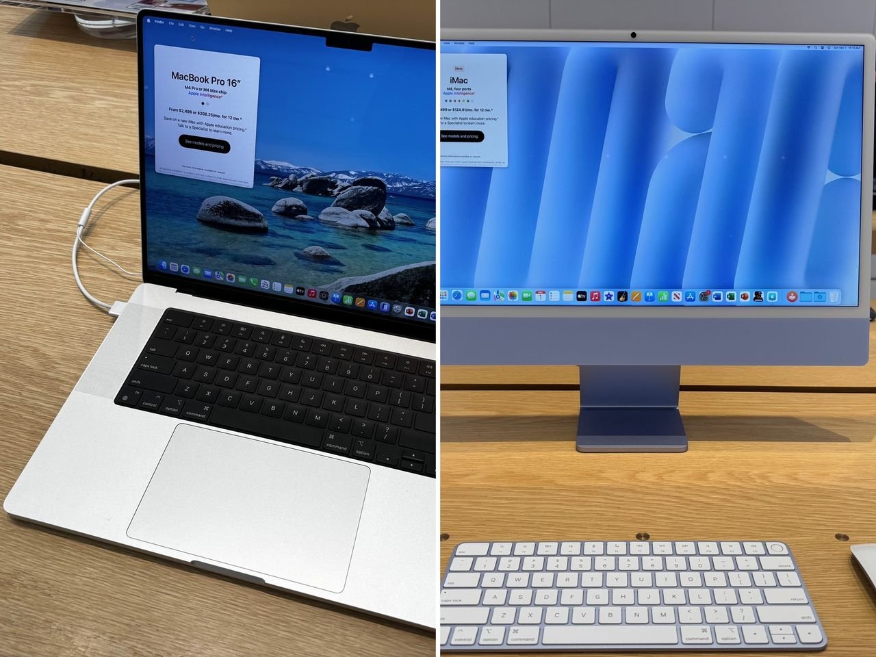 A MacBook Pro and a blue iMac