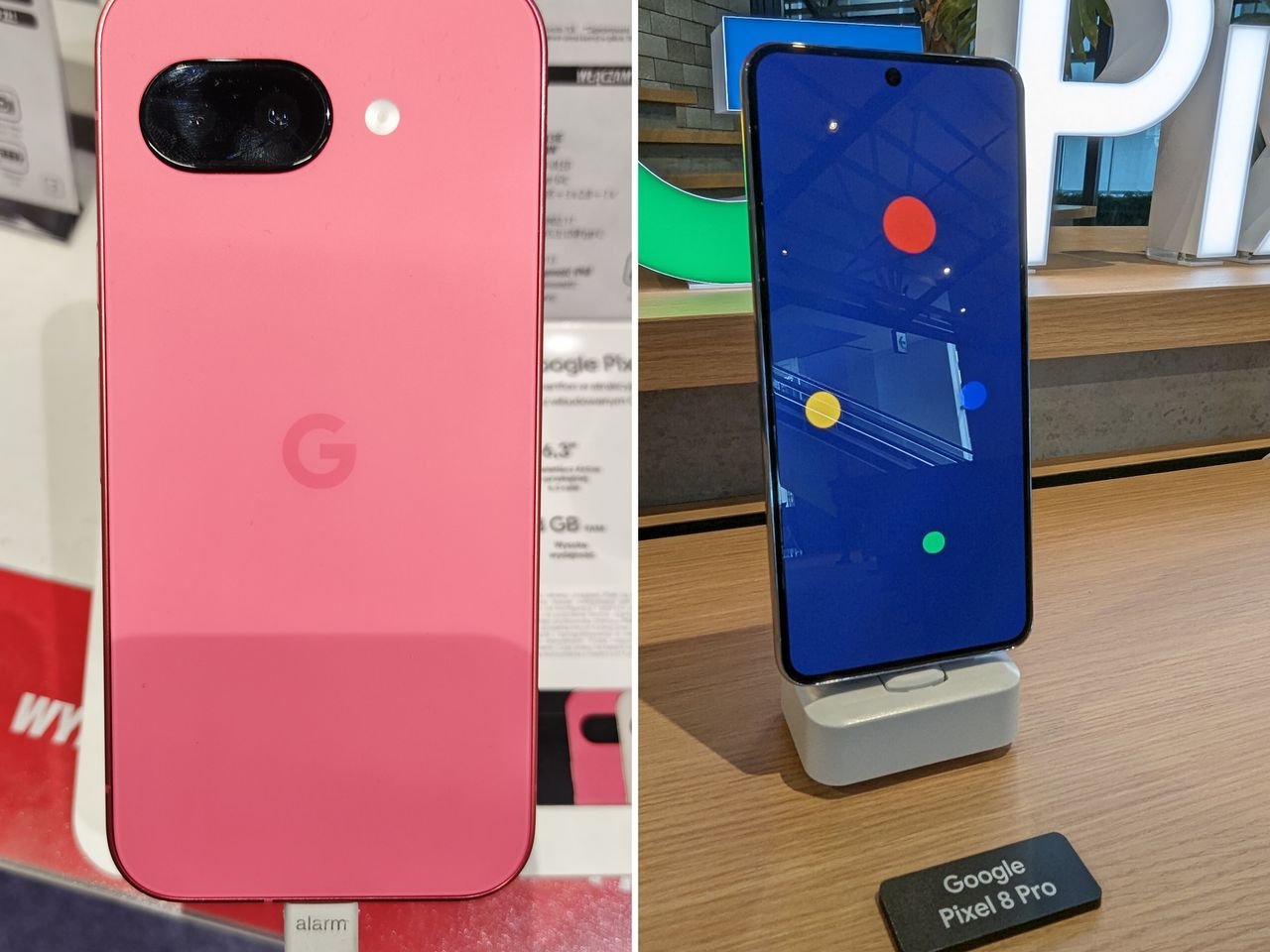 A pink Google Pixel 9a and a Google Pixel 8 Pro on display